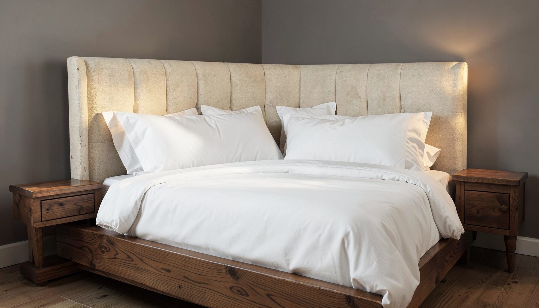 Un letto matrimoniale in legno massello con testiera imbottita in tessuto color crema, lenzuola bianche e cuscini disposti con cura, in una camera da letto dalle pareti grigio tortora illuminate da una luce morbida e avvolgente.