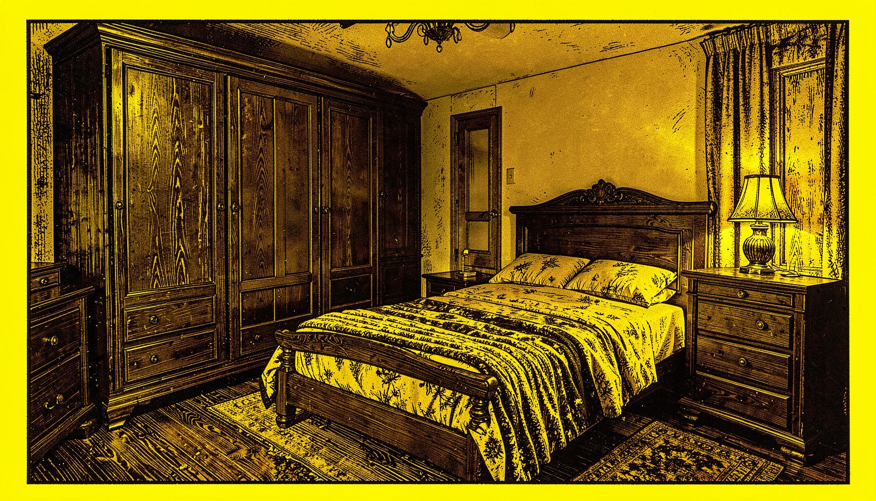 Una camera da letto con mobili in legno scuro, un'ampia cassettiera e comodini coordinati, illuminata da una luce calda e soffusa che crea un'atmosfera accogliente