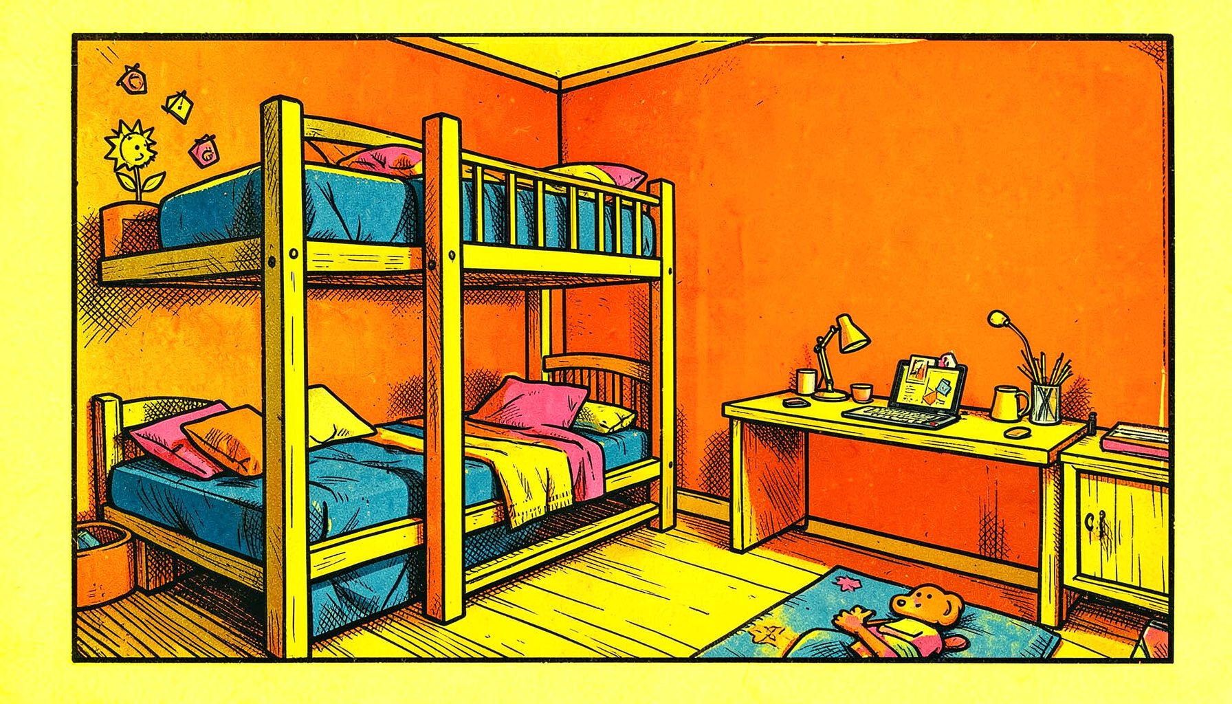 Una cameretta per bambini con letti a castello dai materassi blu e cuscini rosa e arancioni, una scrivania integrata e una parete arancione vivace, in un ambiente luminoso e giocoso.