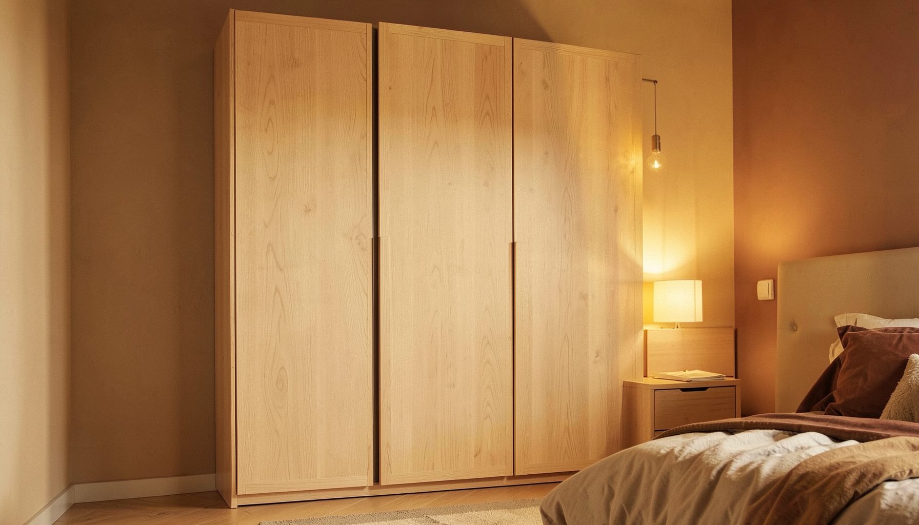 Un armadio a muro con ante scorrevoli in legno chiaro e finitura opaca, in una camera da letto dai toni caldi e avvolgenti, illuminata da una luce soffusa.