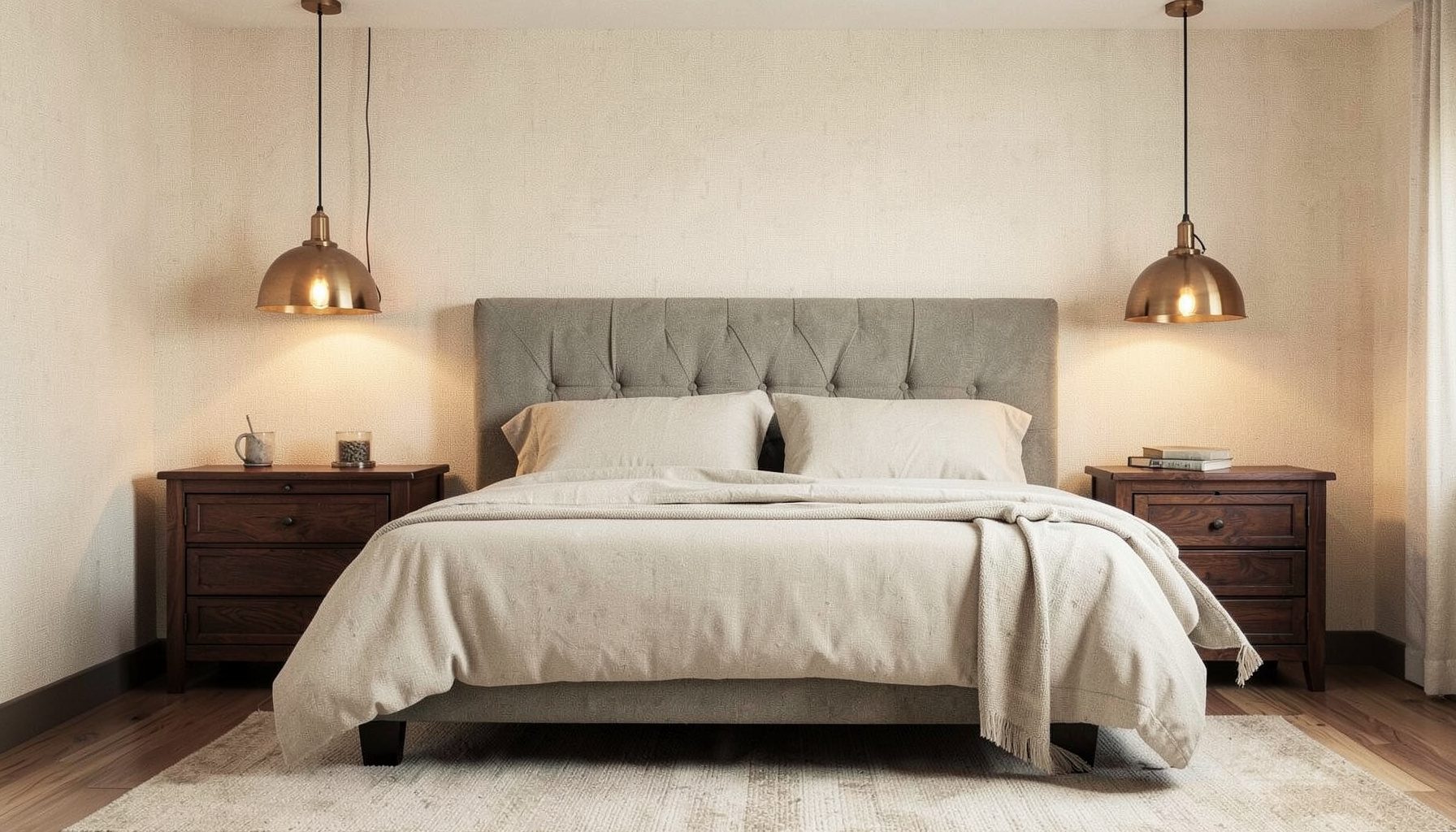 Un interno di camera da letto con pareti rivestite in tessuto color crema, un letto matrimoniale con testiera imbottita e comodini in legno scuro, illuminato da lampade da lettura a sospensione in ottone spazzolato