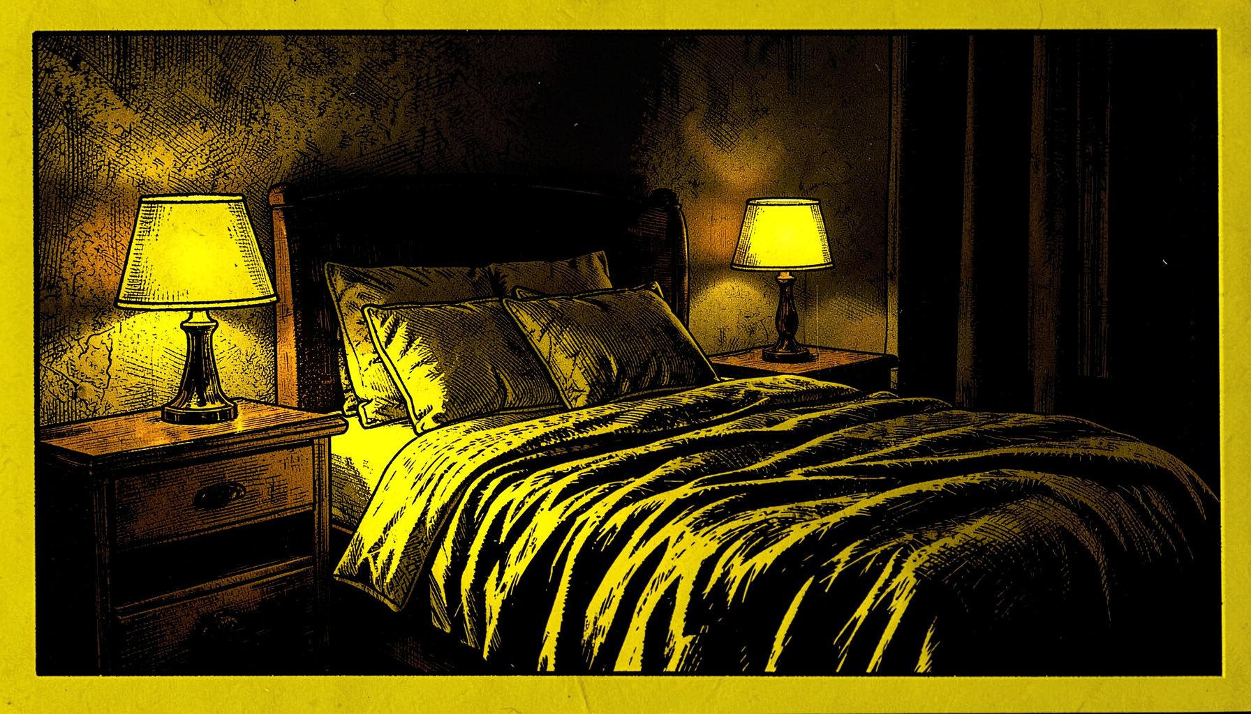 Una camera da letto avvolta in penombra con un letto dalle linee morbide e una lampada da comodino che diffonde una luce calda e soffusa, creando un'atmosfera intima e raccolta.