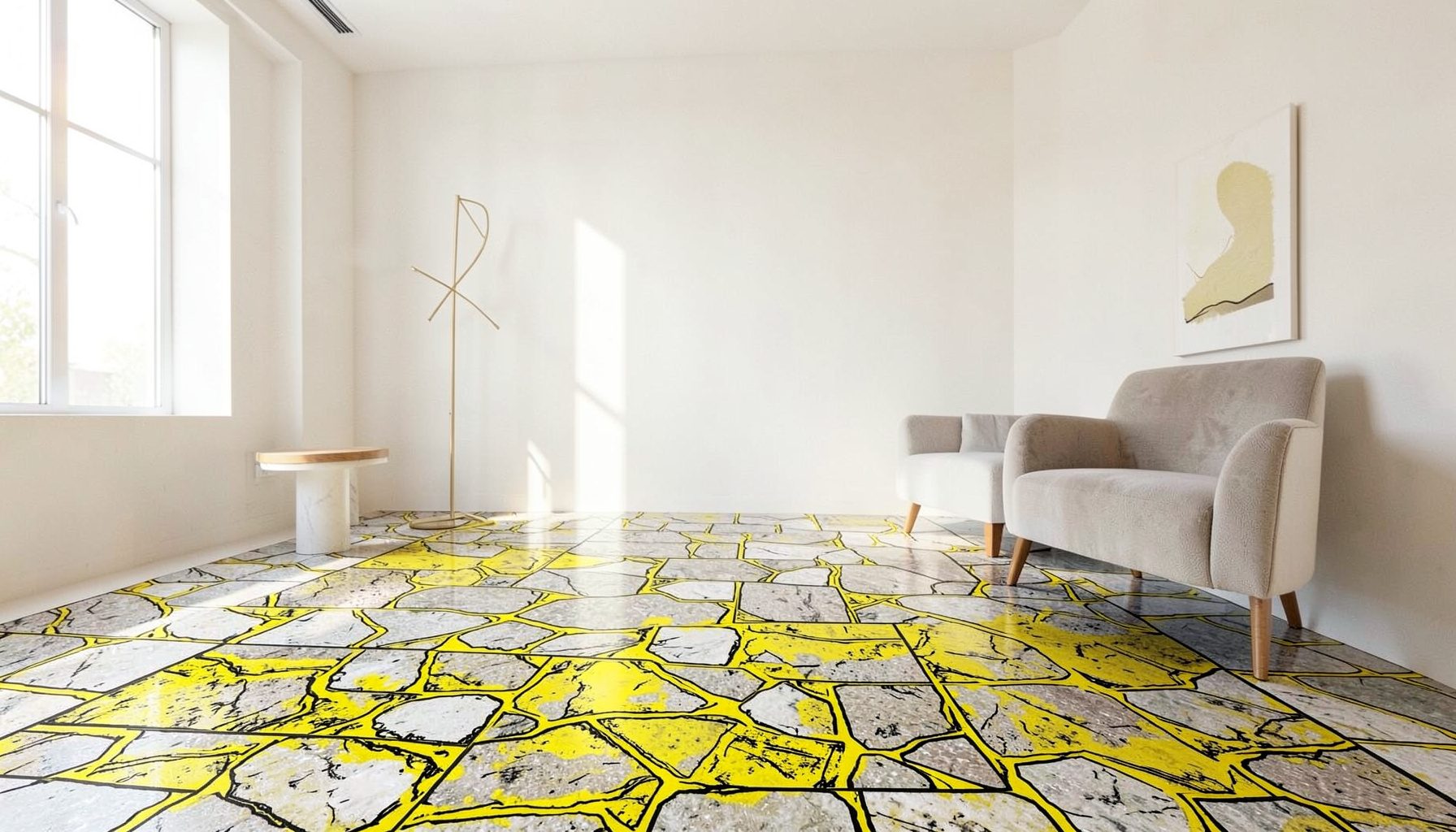 Una pavimentazione in gres porcellanato effetto pietra, posata in un ambiente interno luminoso con arredi essenziali e pareti chiare.