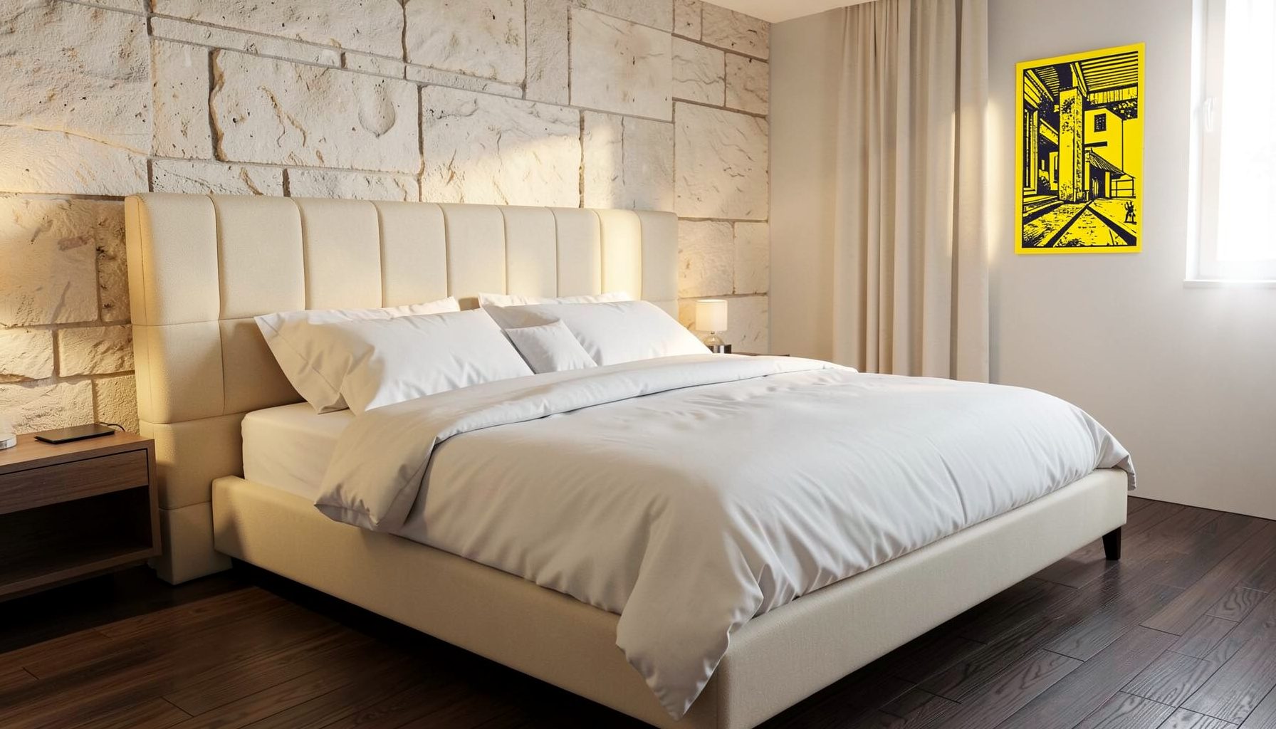 Una camera da letto moderna con letto matrimoniale dalle lenzuola bianche, testiera imbottita color crema, parete in pietra chiara, pavimento in legno scuro e luce soffusa che crea un'atmosfera calda e accogliente