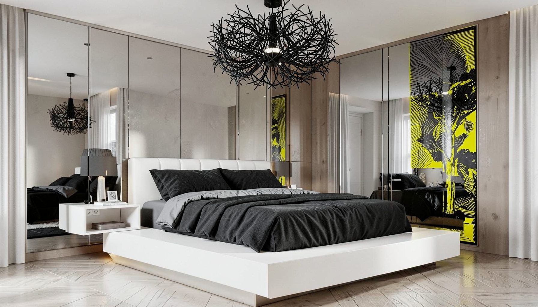 Una camera da letto contemporanea con letto platform bianco, biancheria scura, grande lampadario nero a rami intrecciati e pareti con pannelli a specchio che riflettono la luce soffusa