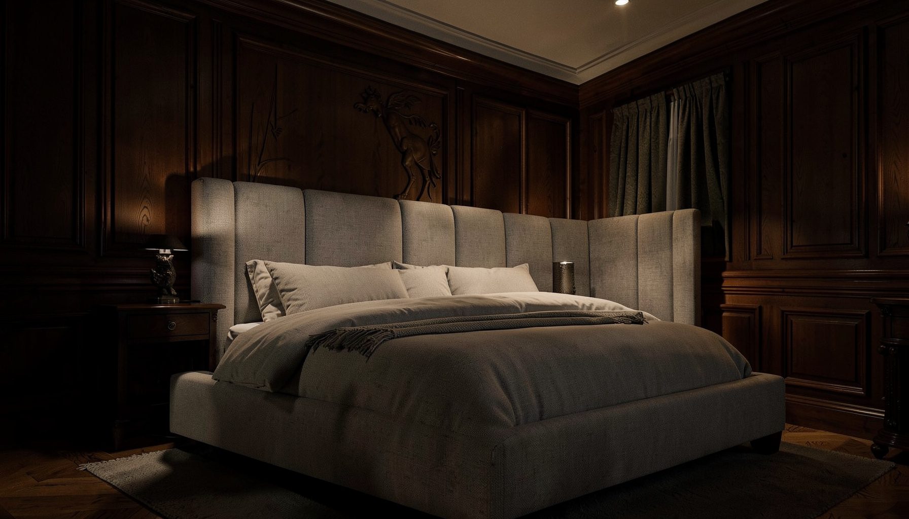 Un ambiente notte raffinato con boiserie in legno, illuminazione indiretta e un letto dalla testata alta rivestita in tessuto neutro.