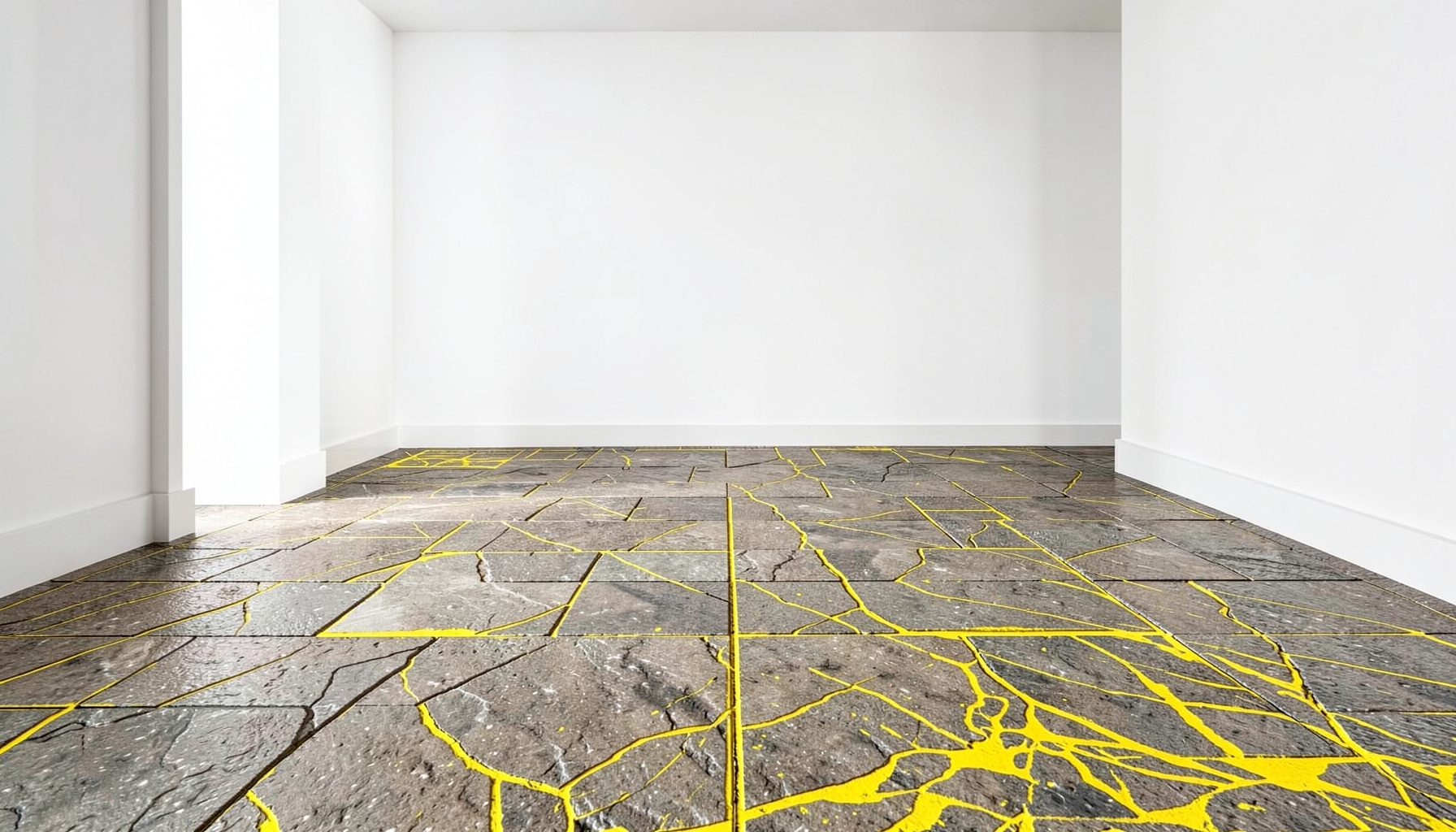 Un pavimento effetto pietra naturale in tonalità grigio caldo, con venature sottili, che si estende in un interno moderno dalle pareti bianche.