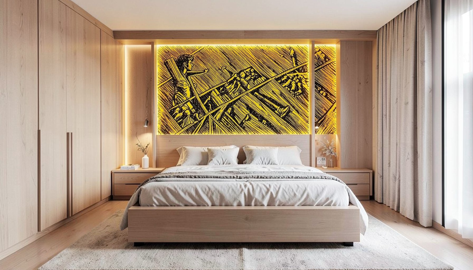 Una camera da letto moderna con sistema d'arredo integrato, ante in legno chiaro e nicchie illuminate che incorniciano il letto centrale.