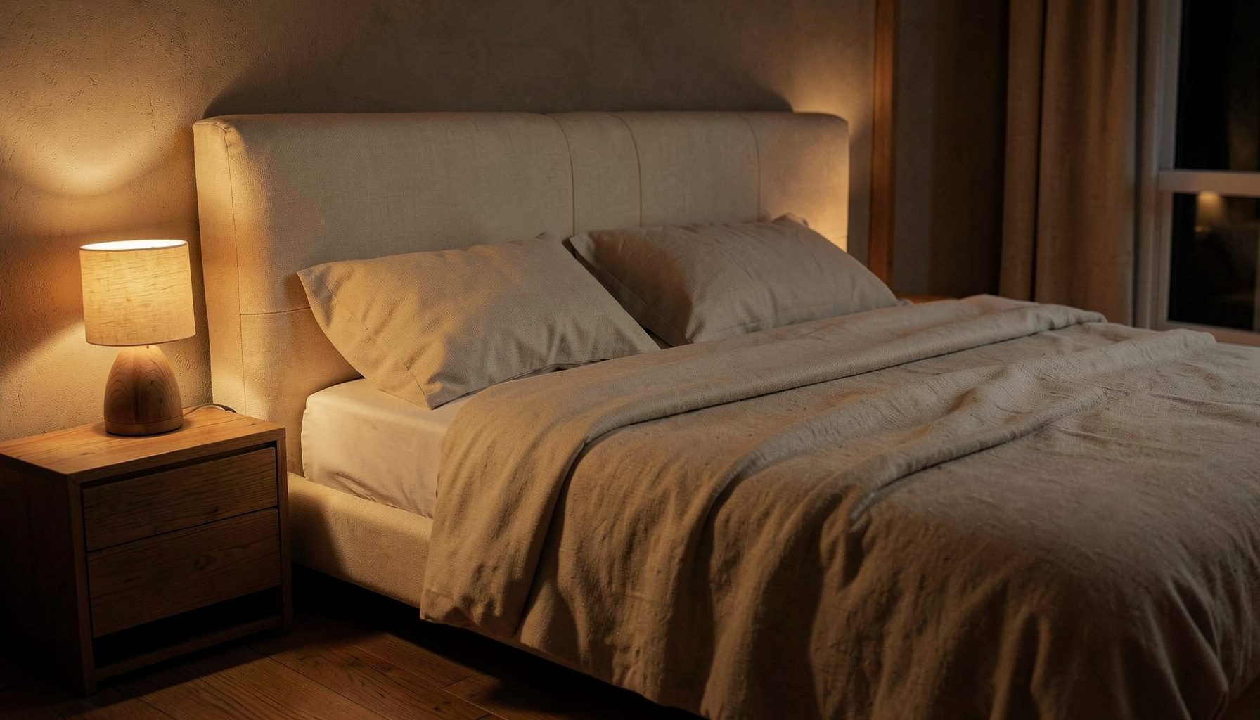 Un interno notturno con un letto dalle linee morbide, testata imbottita color crema e illuminazione calda e soffusa che accarezza le superfici in legno naturale e i tessuti in lino.