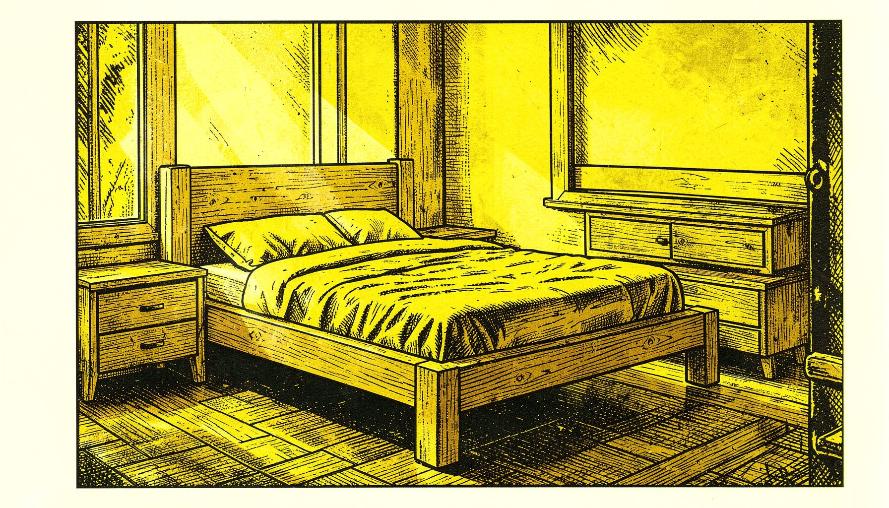 Un letto in legno naturale dalle linee essenziali e sospese, con comodini integrati e una finestra che filtra luce morbida sullo sfondo.