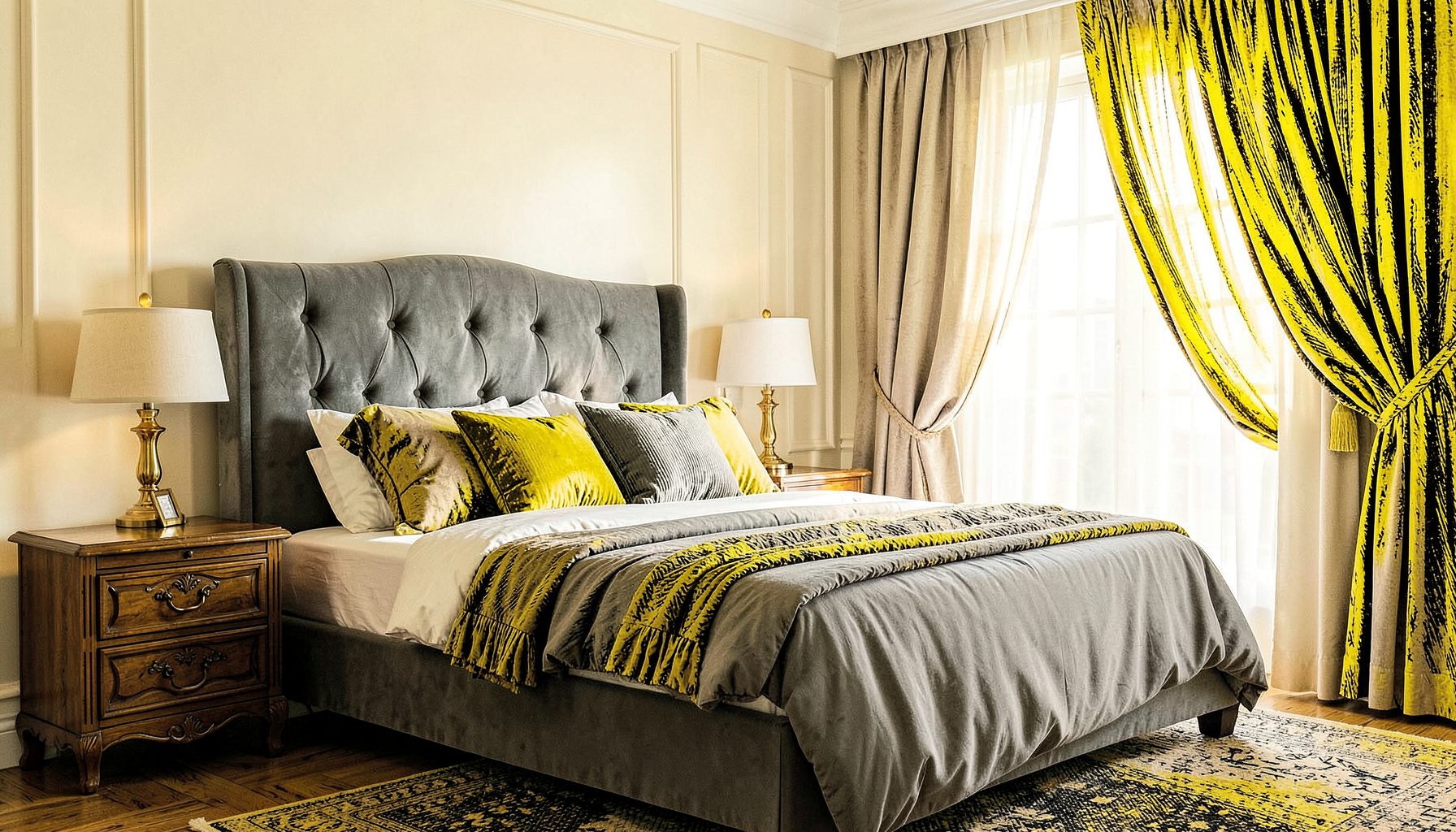 Una camera da letto elegante con pareti color crema, un grande letto con testiera in velluto grigio, lampade da comodino dorate e una finestra con tende fluenti che lasciano filtrare la luce naturale