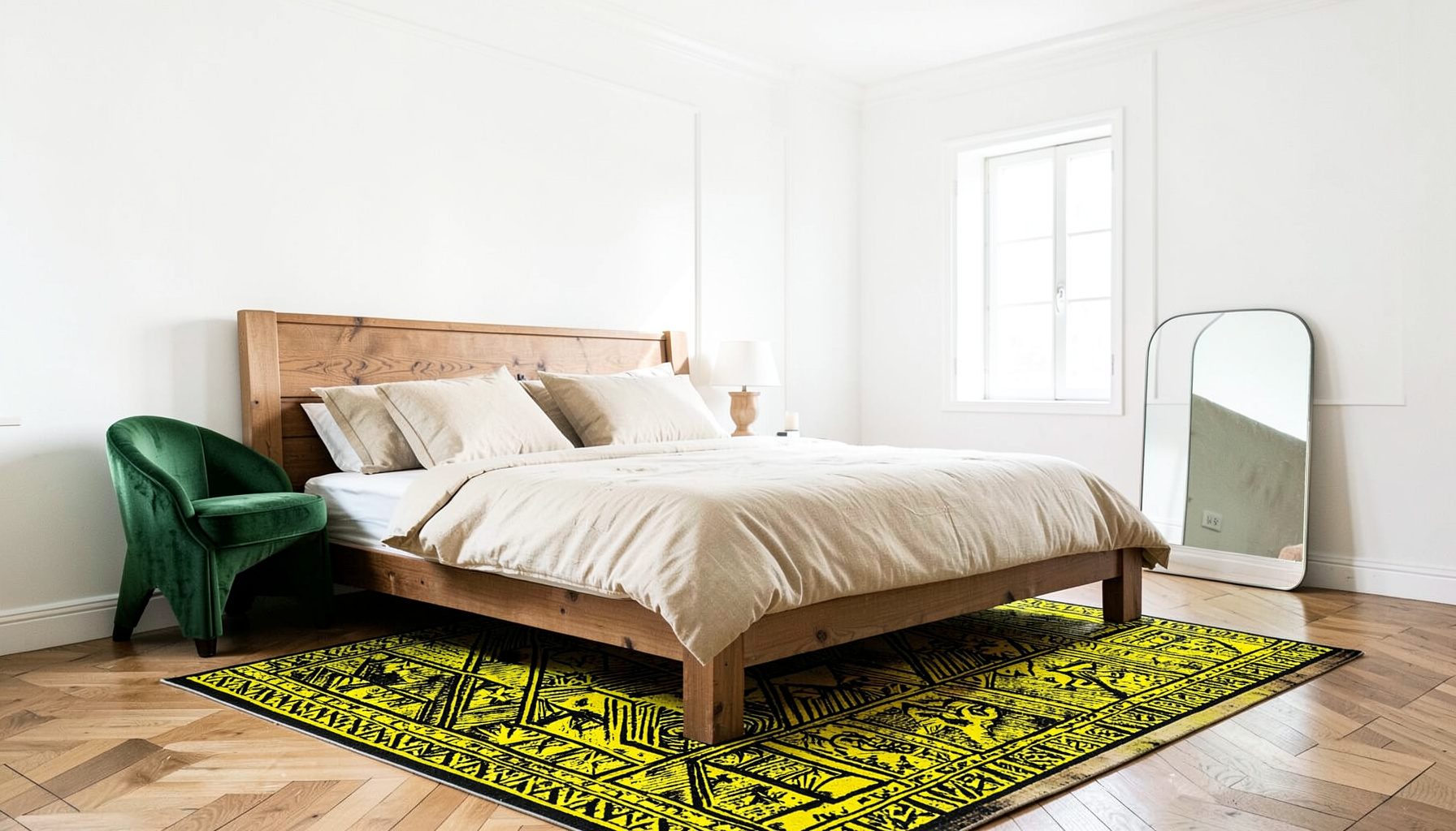 Un'ampia camera da letto luminosa con pareti bianche, un letto in legno naturale con cuscini beige, una poltrona in velluto verde accanto a una finestra e un tappeto a trama geometrica sul pavimento in parquet